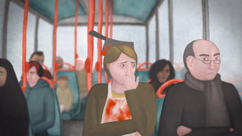 still from animation creepy pasta salad featuring a person sitting on a busy bus with a fake cleaver stuck in their head