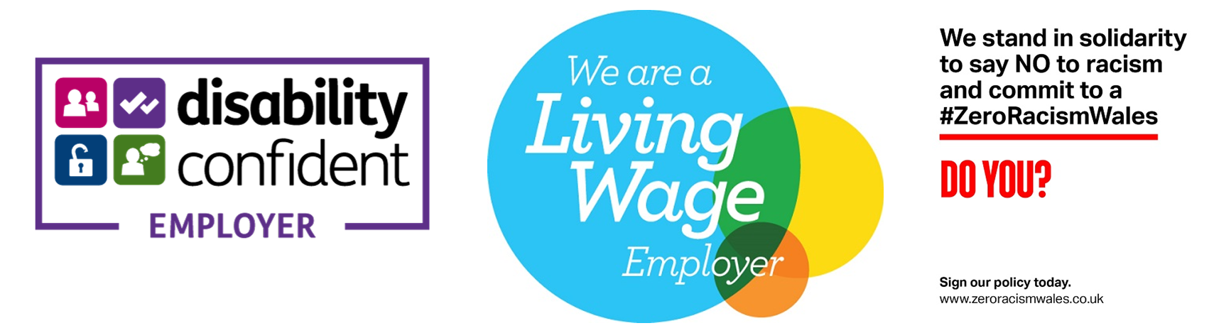logos: disability confident employer, living wage employer, anti-racism