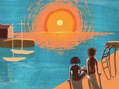 still from animated short film, featuring two people sitting on a dock and watching the sun set over the sea
