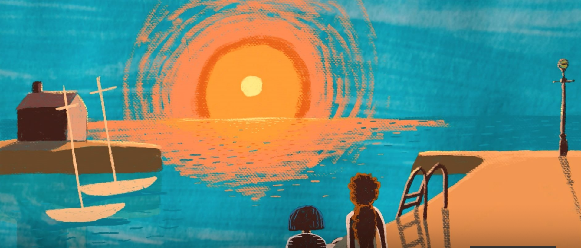 a still from animated film cwch deilen featuring two woman watching a sunset on a dock