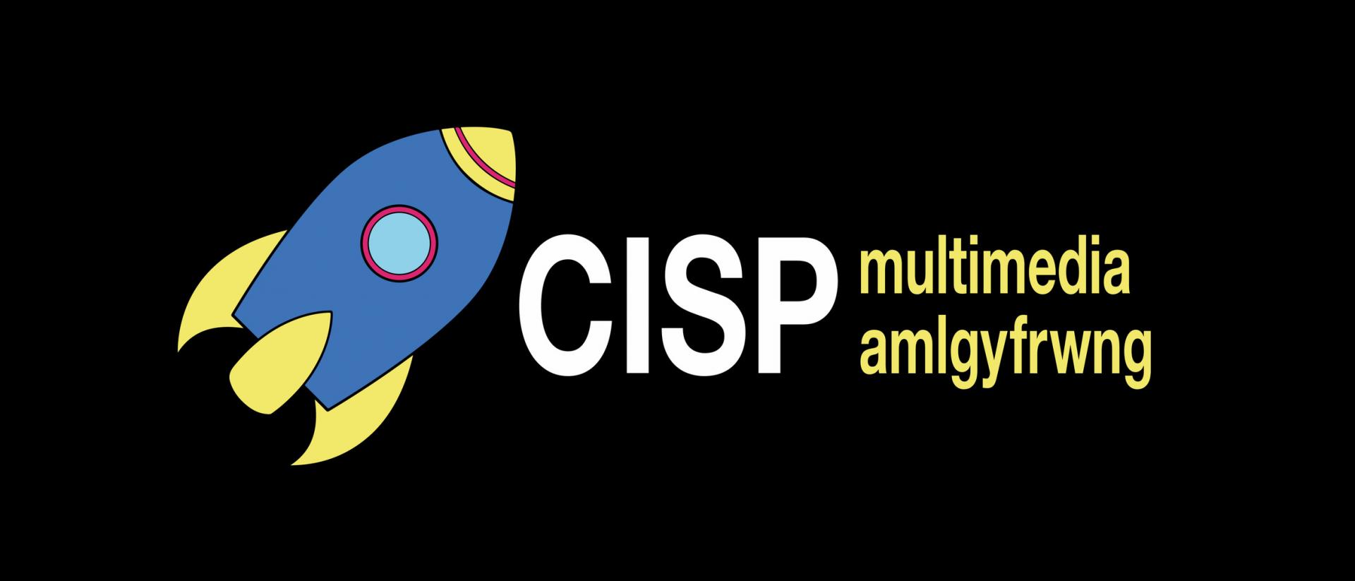 CISP Multimedia logo featuring a blue and yellow rocket on a black background