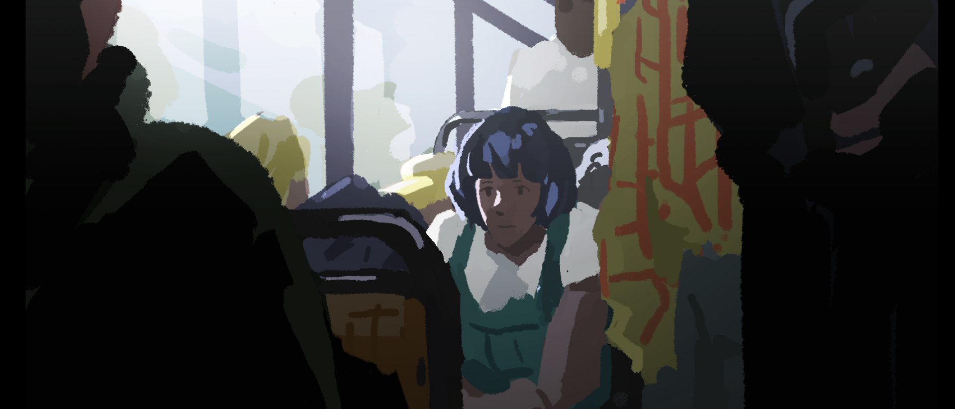 a still from an animated film featuring a person sitting on a crowded bus